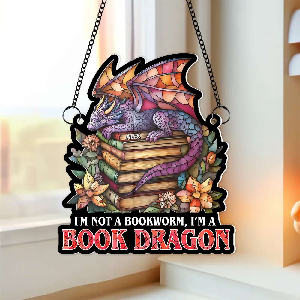 Personalized Book Lover Suncatcher Ornament - Book Dragon Design Ornament PopCulturePrints