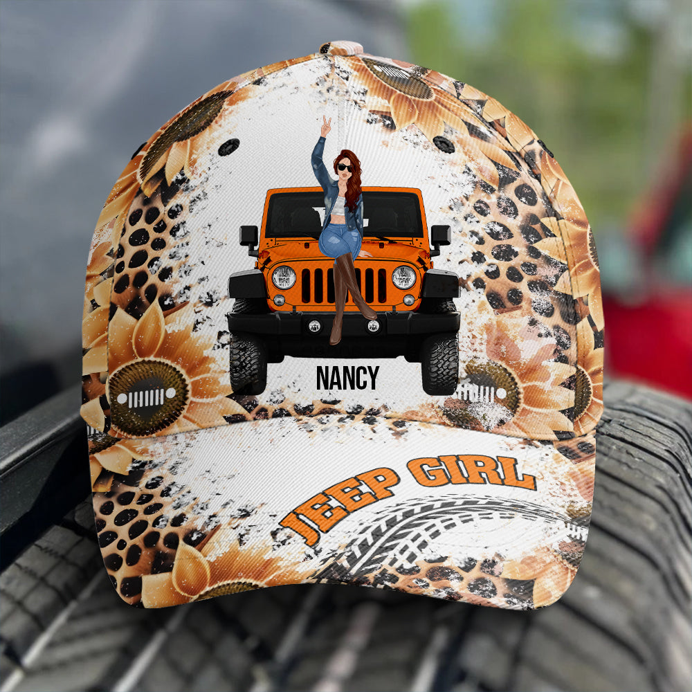 Personalized Jeep Girl Cap with Sunflower and Custom Name