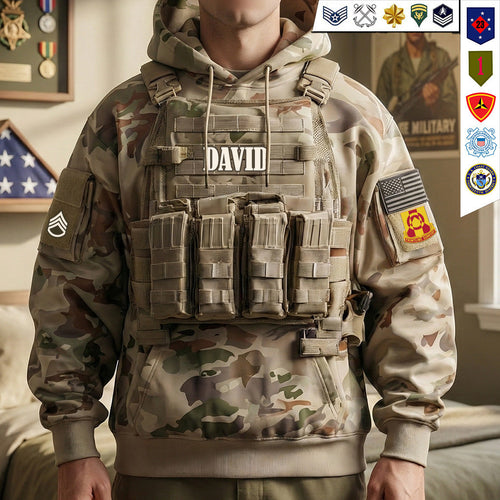“Honor Their Service” - Rugged Military Style Hoodie - Personalized Gift for Veterans AOP Products PopCulturePrints