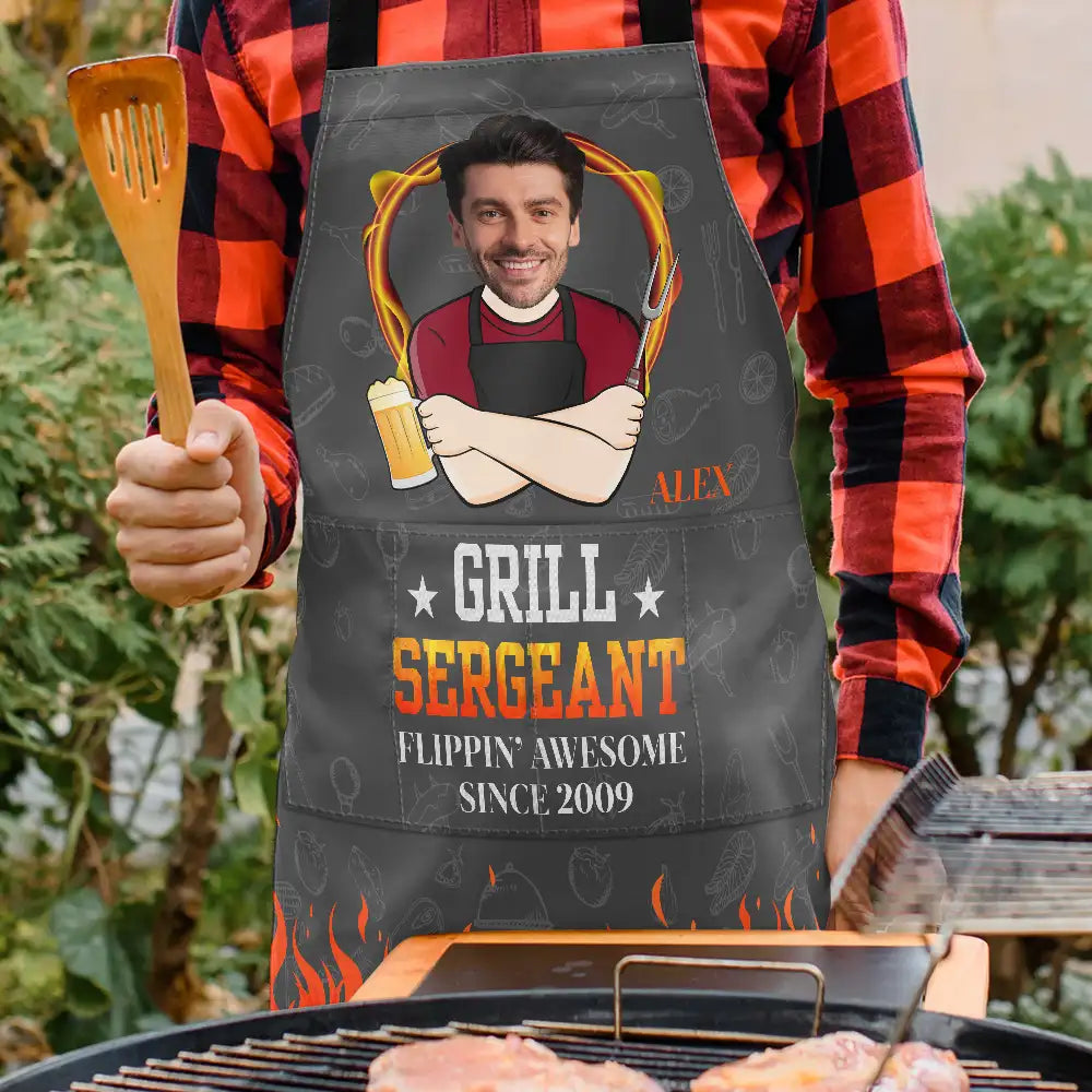 “Grill Sergeant, Flippin' Awesome!” - Personalized Cooking Apron - Perfect Gift for Dad, Grandpa & Cooking Enthusiasts Apron PopCulturePrints