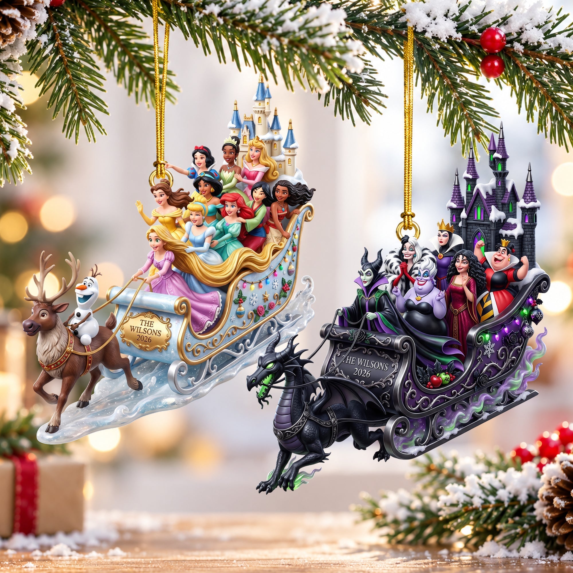 Celebrate Magical Moments with Our Princess & Villain Snow Ride Ornament - Personalized Christmas Gift