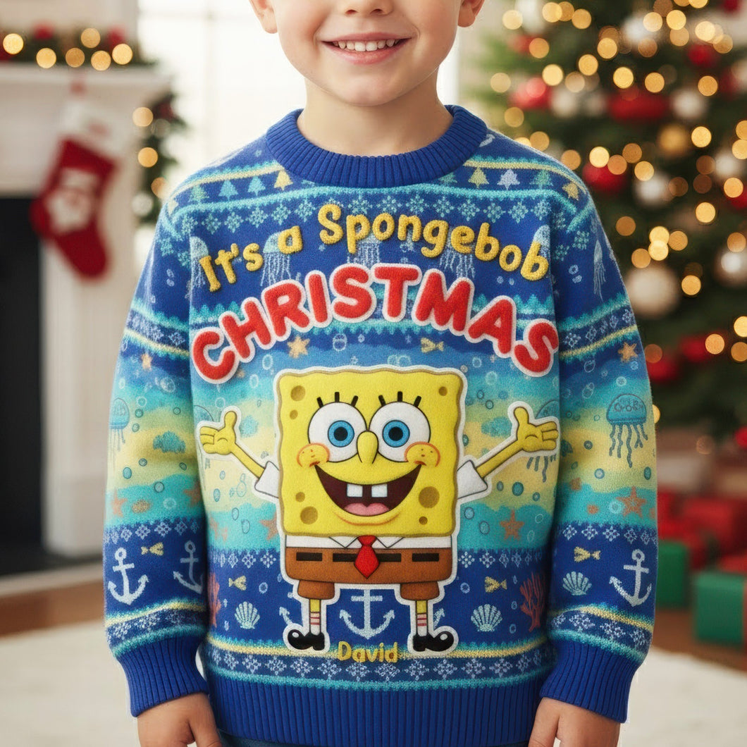 Celebrate Christmas with Spongebob – Personalized Ugly Sweater for Kids AOP Products PopCulturePrints
