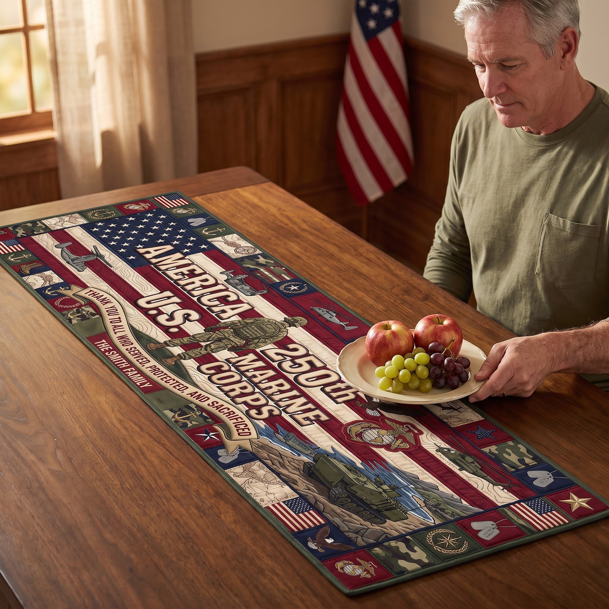 “Honor Their Service” - Personalized Military Table Runner - Gift for Veterans and Patriotic Families