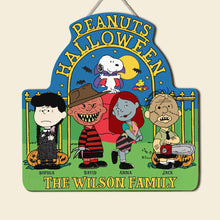 Load image into Gallery viewer, Personalized Halloween Family Wood Sign - Scary Cartoon Characters
