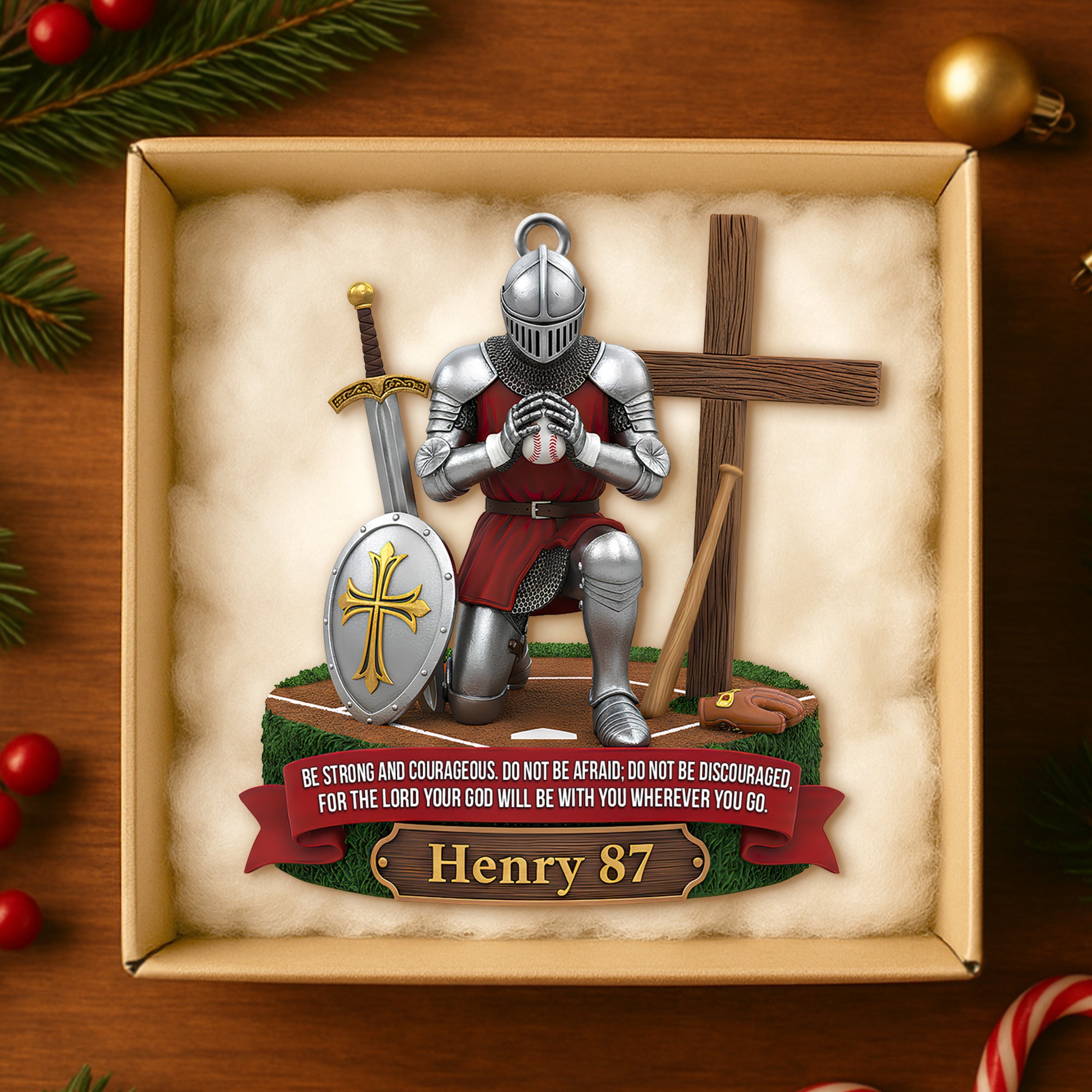 Be Strong & Courageous – Personalized Knight Baseball Ornament Ornament PopCulturePrints