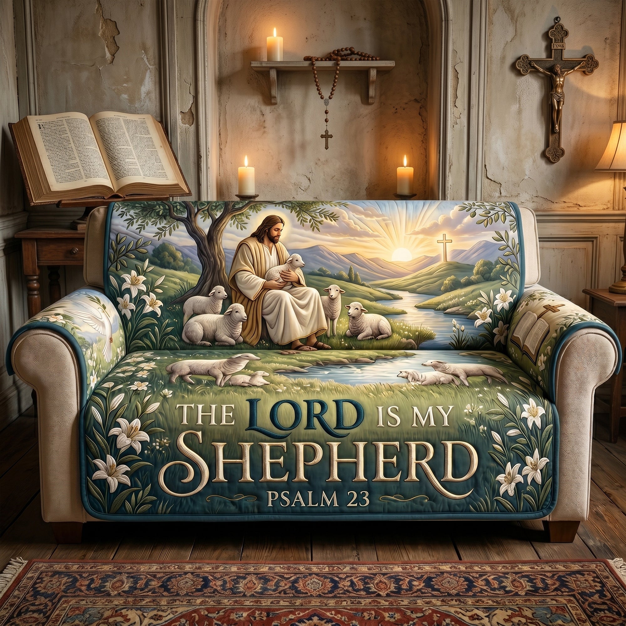 The Lord Is My Shepherd - Personalized Quilted Sofa Cover for Christians Sofa Cover PopCulturePrints