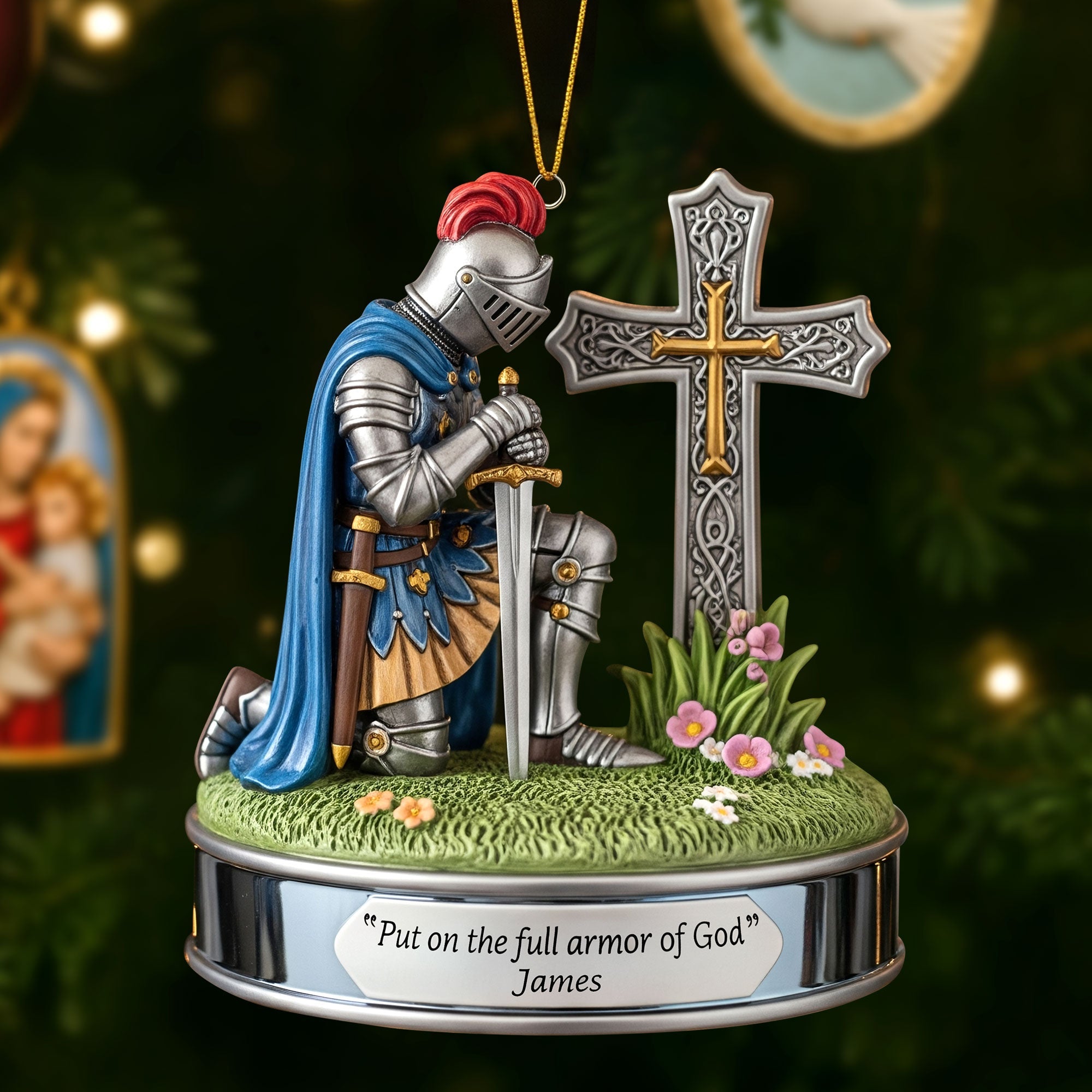 "Put on the full armor of God" - Kneeing Knight Ornament - Personalized Christian Gift for Friends, Family, and Loved Ones Ornament PopCulturePrints