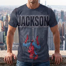 Load image into Gallery viewer, "Swing into Action!" – Web-Slinging Hero Personalized Shirt - Custom Gift for Movie Fans, Superhero Lovers, and Friends AOP Products PopCulturePrints
