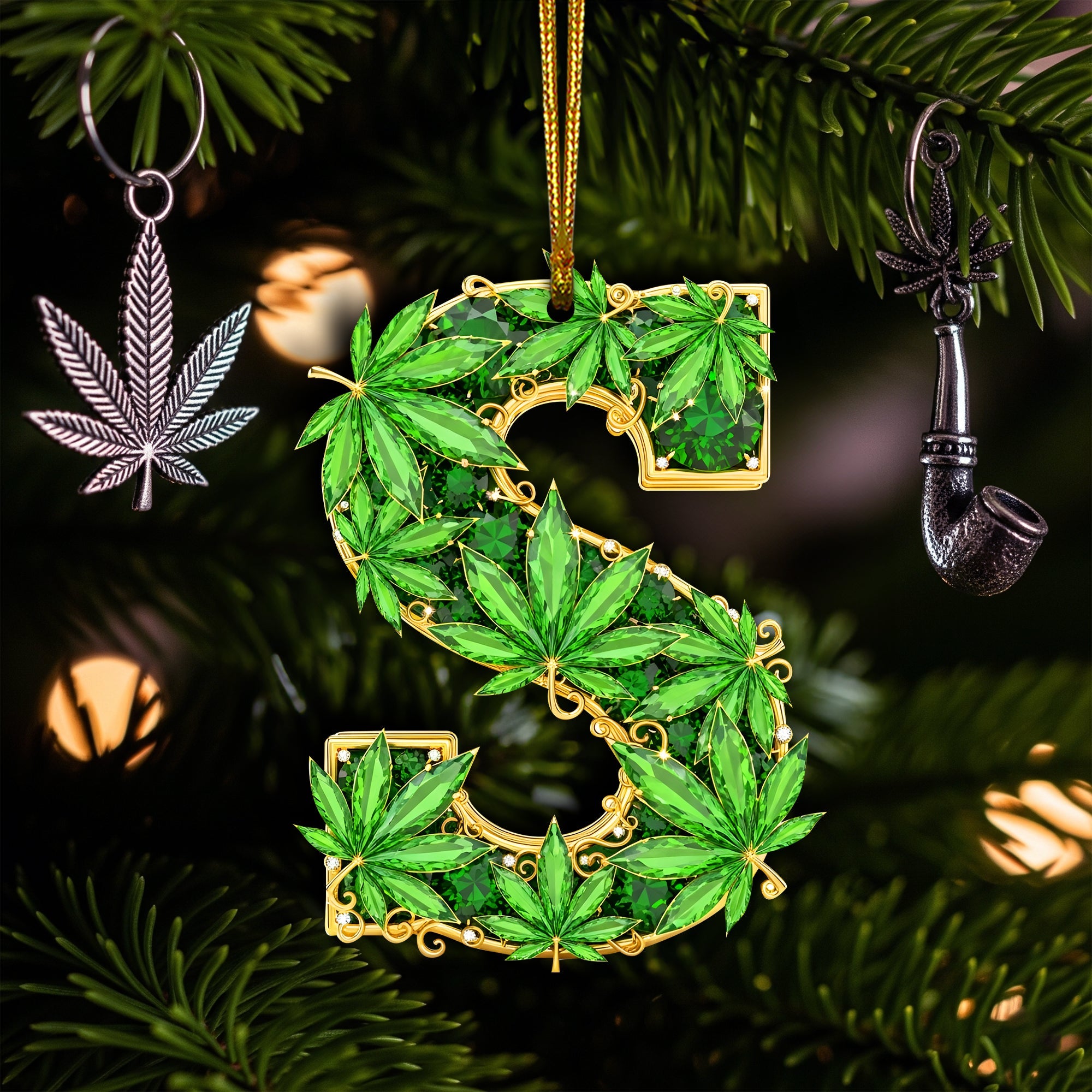 "Spark Joy This Christmas with a Unique Touch" - Crystal Leaf Initial Ornament, Personalized Gift for Stoners Ornament PopCulturePrints