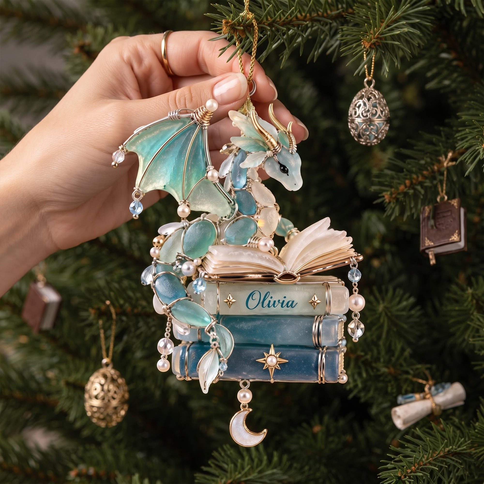 “Ignite Your Imagination” - Book Dragon Sea Glass Acrylic Ornament - Personalized Gift for Book Lovers