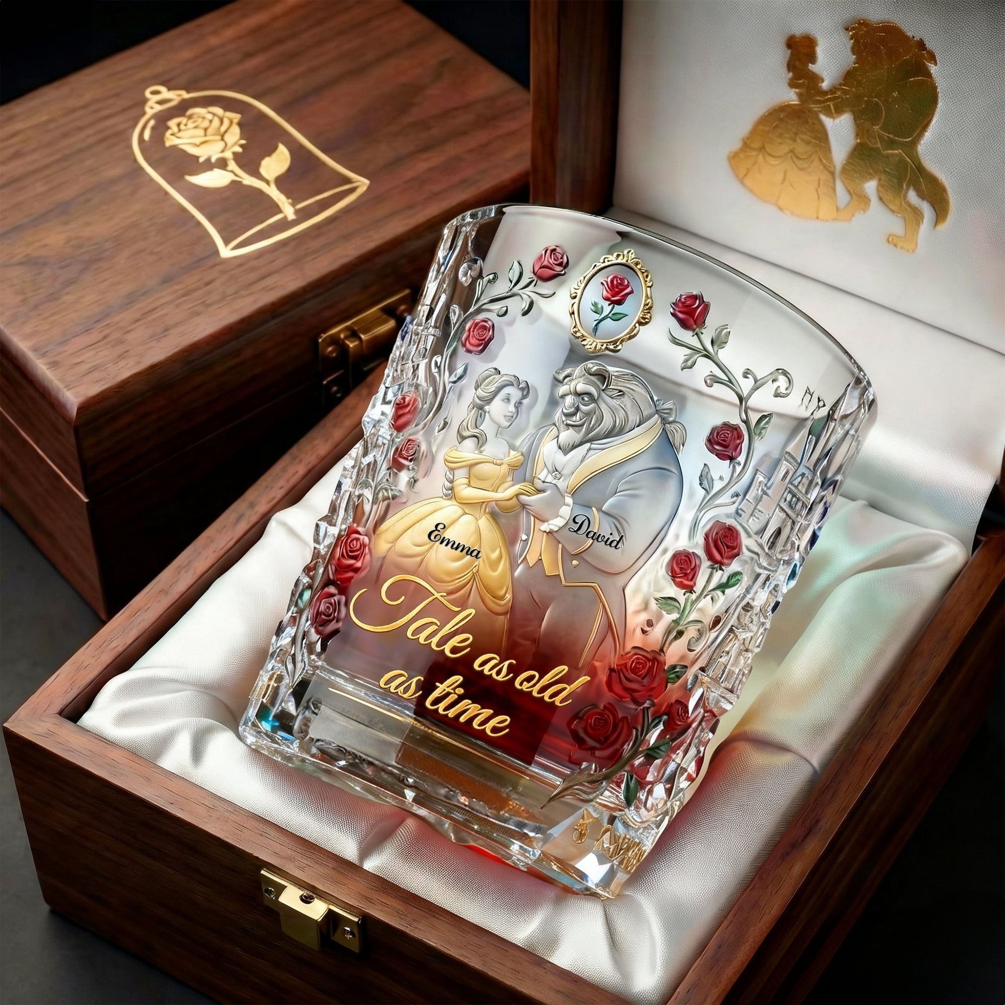 "A Timeless Love Story" - Fairytale Couple Personalized Drinking Glass - Custom Gift for Couples, Anniversaries, Weddings, Engagements Glass PopCulturePrints