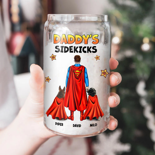 Custom Superhero Dad and Pets Glass Can - Personalized Father's Day Gift Glass Can PopCulturePrints