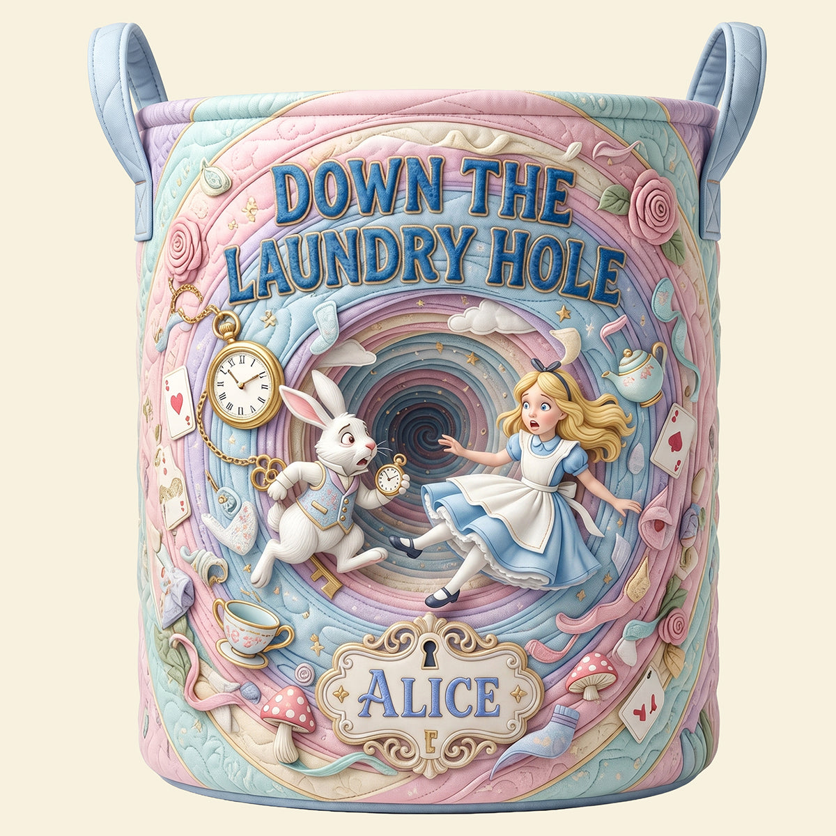“Down the Laundry Hole” - Personalized Quilted Laundry Basket - Gift for Alice Fans, Children, and Dreamers