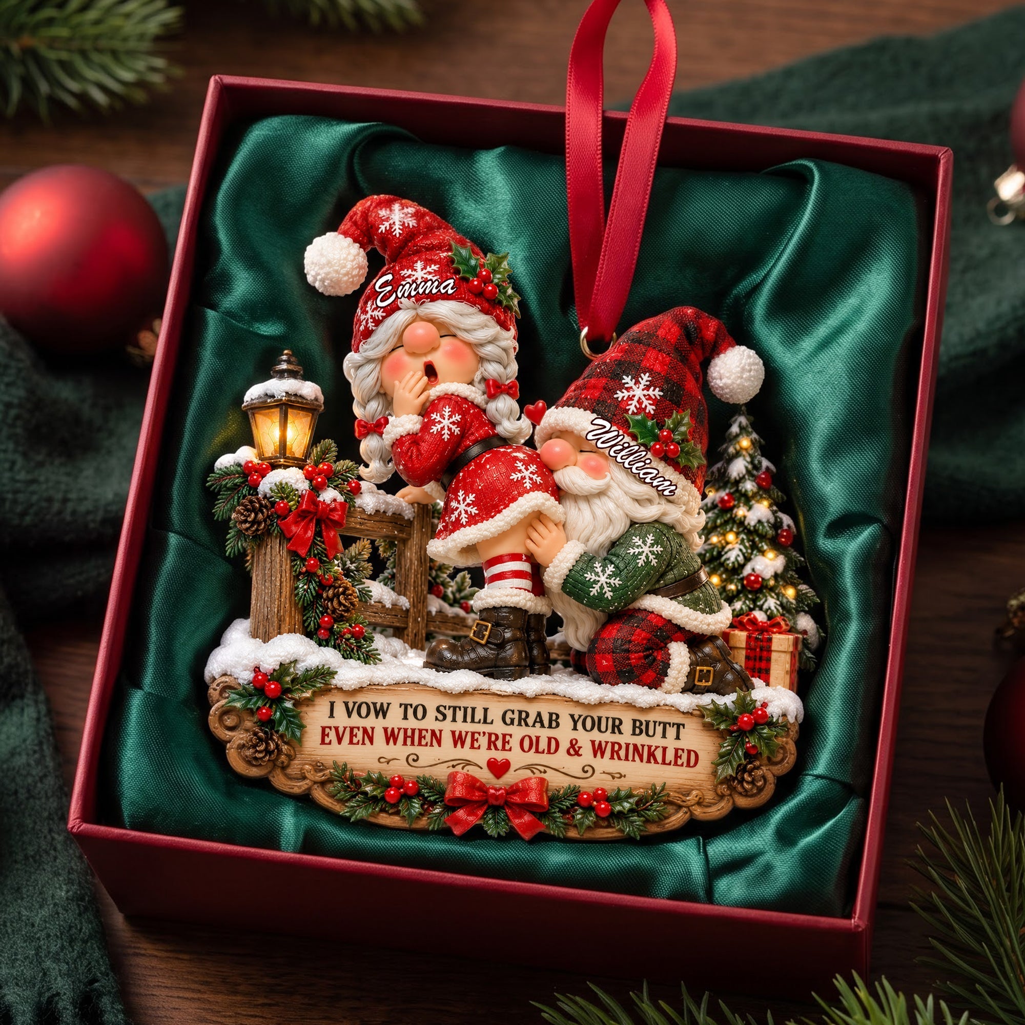 I Vow to Still Grab Your Butt - Playful Gnome Couple Ornament - Personalized Gift for Couples