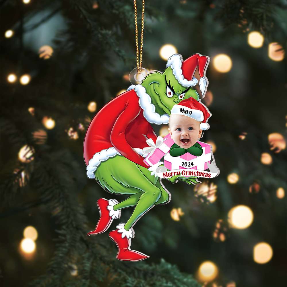 Personalized Baby Face Christmas Ornament with Grinch Design - Custom Photo Gift, 2024