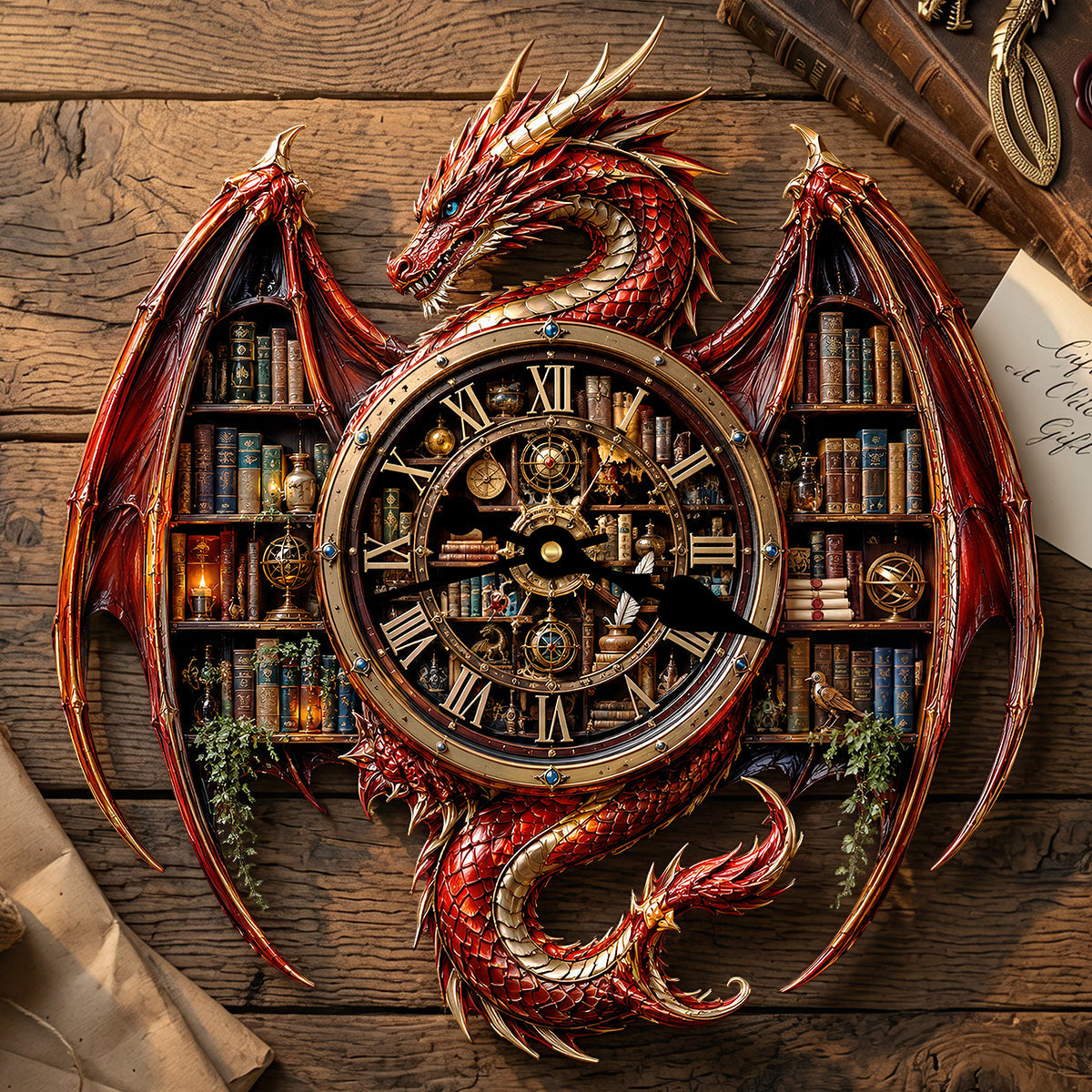“Time is the essence of knowledge” - Vintage Dragon Bookstore Wall Hanging Clock, Personalized Gift for Book Lovers Hanging Wall Clock PopCulturePrints