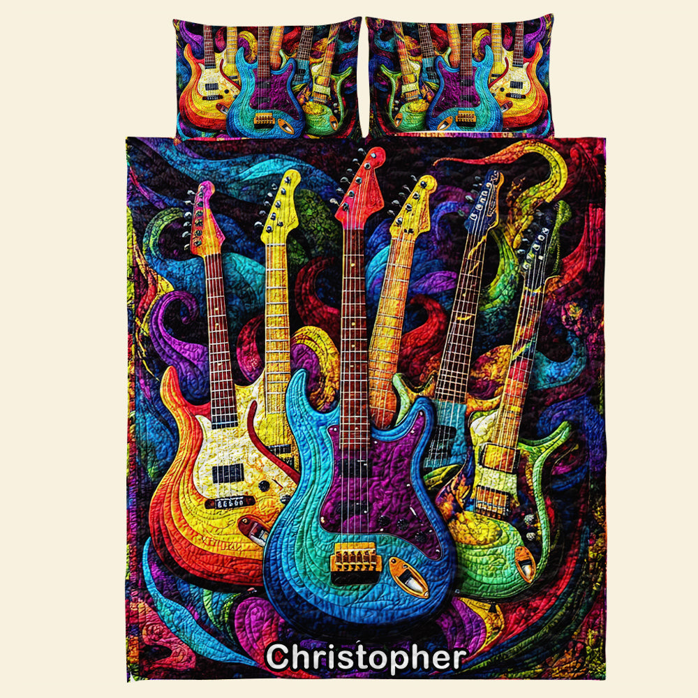 Personalized Guitar Lovers Quilt Bedding Set - Vibrant Melody Design Blanket PopCulturePrints