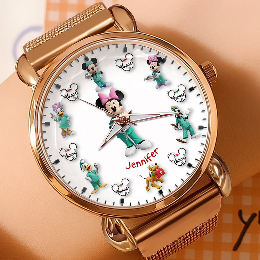 Nurse in Style: Personalized Cartoon Character Mesh Strap Quartz Watch - Custom Gift for Nurses, Healthcare Workers, and Loved Ones Quartz Watch PopCulturePrints