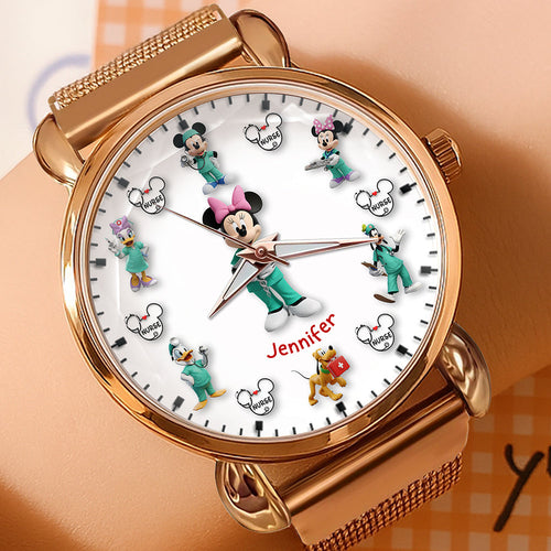 Nurse in Style: Personalized Cartoon Character Mesh Strap Quartz Watch - Custom Gift for Nurses, Healthcare Workers, and Loved Ones Quartz Watch PopCulturePrints