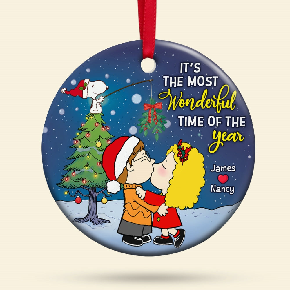 Personalized Cartoon Couple Kissing Under The Mistletoe Christmas Ornament