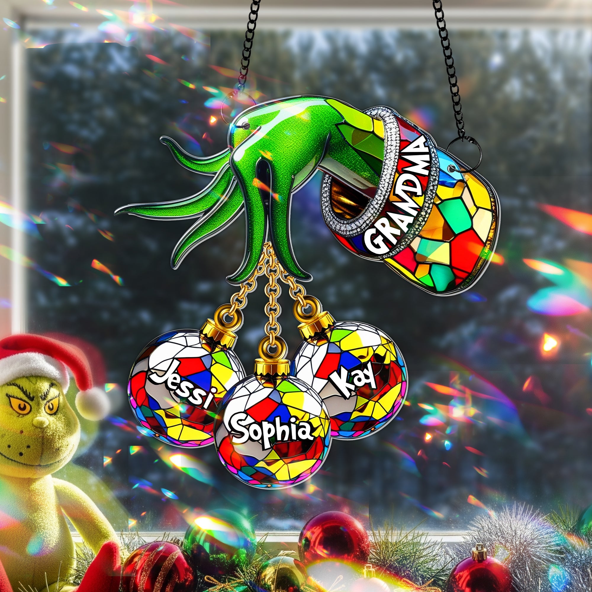 “Celebrate Love in Every Color!” - Green Christmas Bauble Suncatcher, Personalized Gift for Grandma Ornament PopCulturePrints