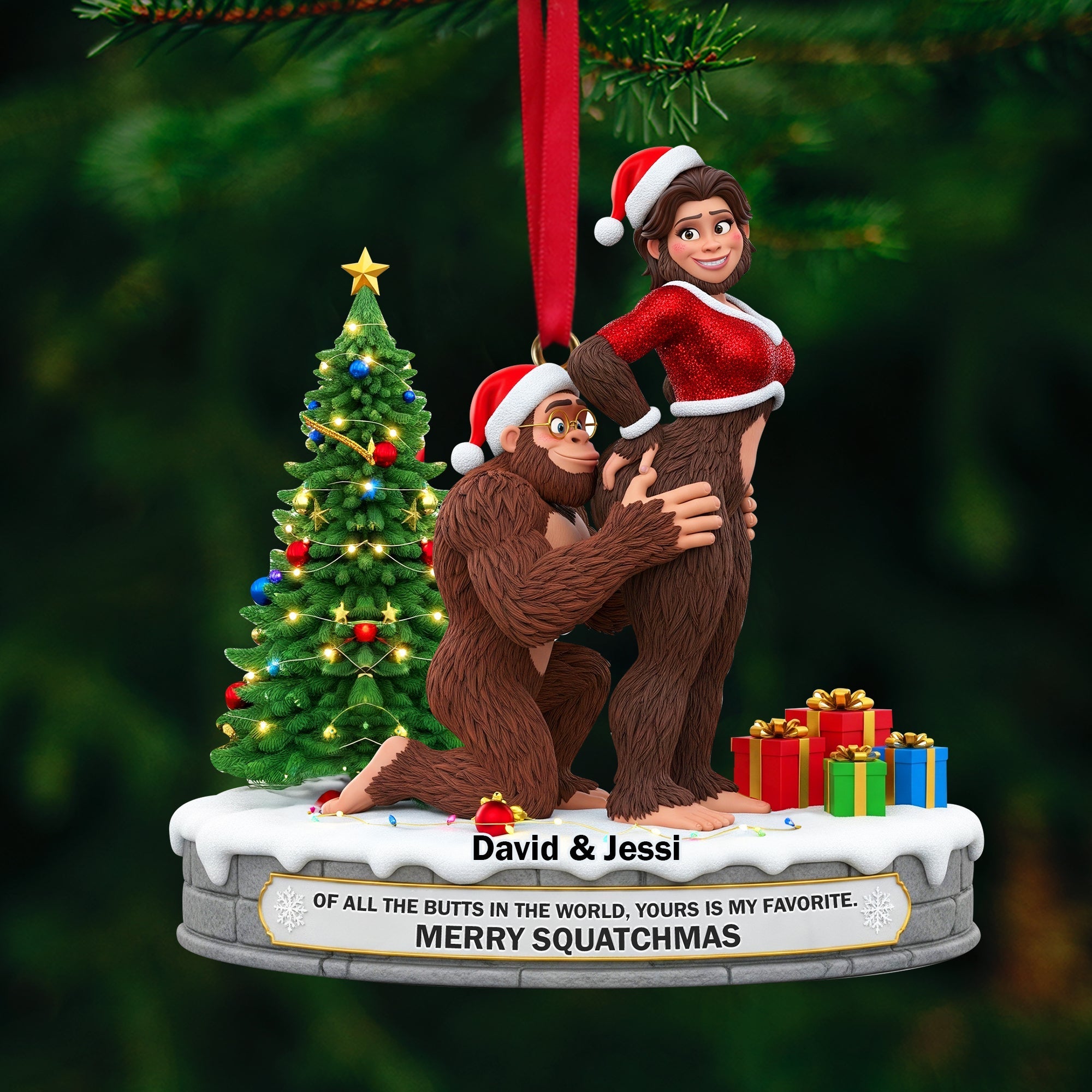 Merry Squatchmas - Playful Giant Forest Couple Ornament - Personalized Gift for Couples Ornament PopCulturePrints