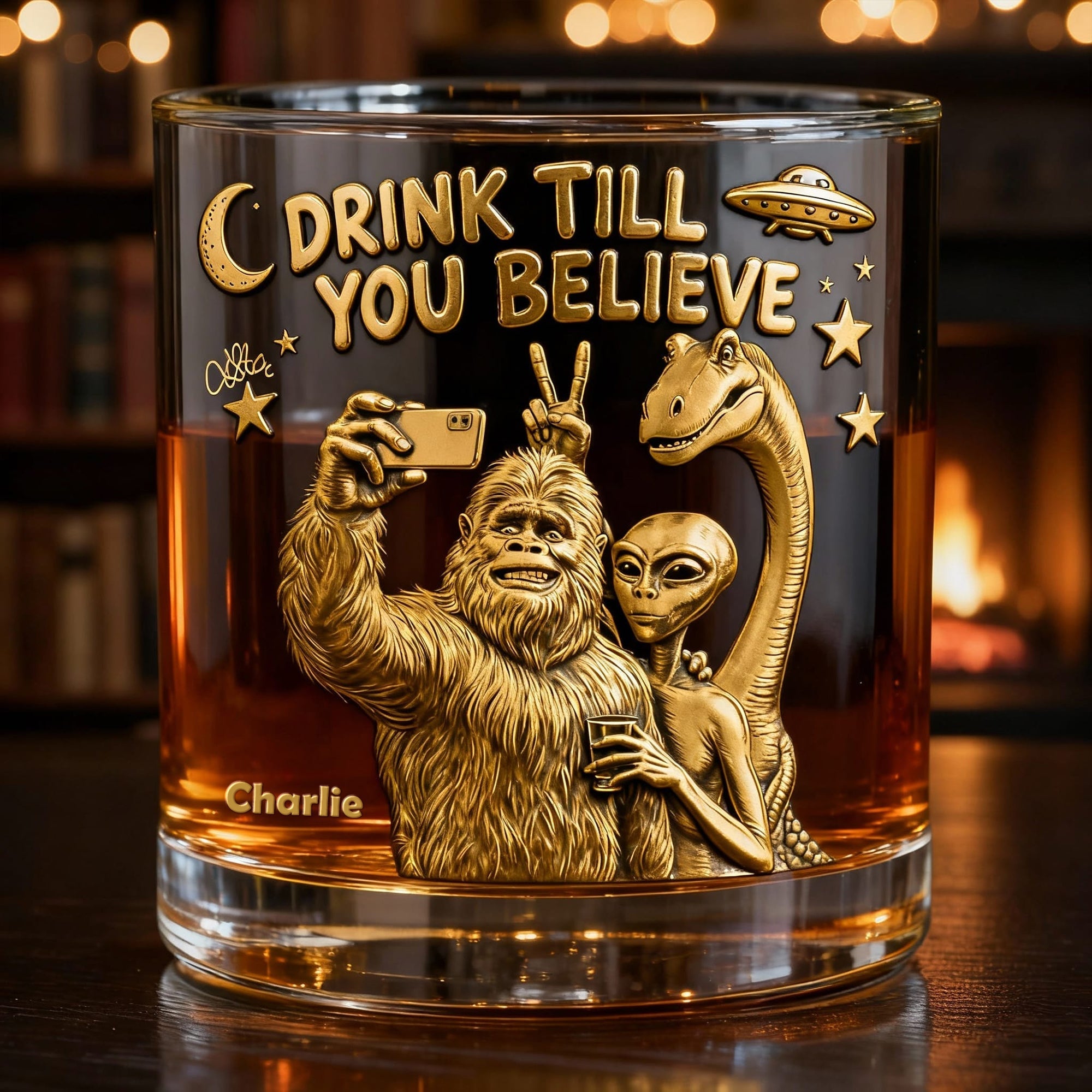 "Drink Till You Believe" - Fun Forest Giant & Friends Selfie Glass - Personalized Gift for Drinking Lovers & Cryptid Creatures Enthusiasts Glass PopCulturePrints