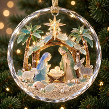 Load image into Gallery viewer, “Celebrate the Birth of Christ” - Holly Nativity Sea Glass Christmas Crystal Ornament - Personalized Gift for Christians

