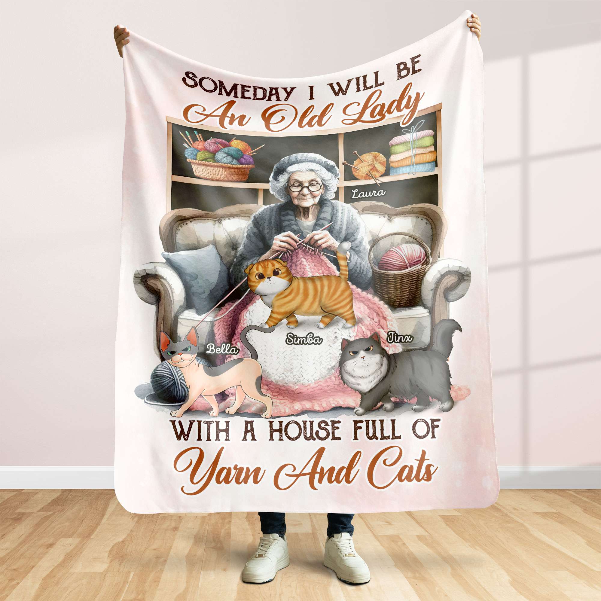 Personalized Cozy Blanket for Knitting Cat Lady - Customizable with Names