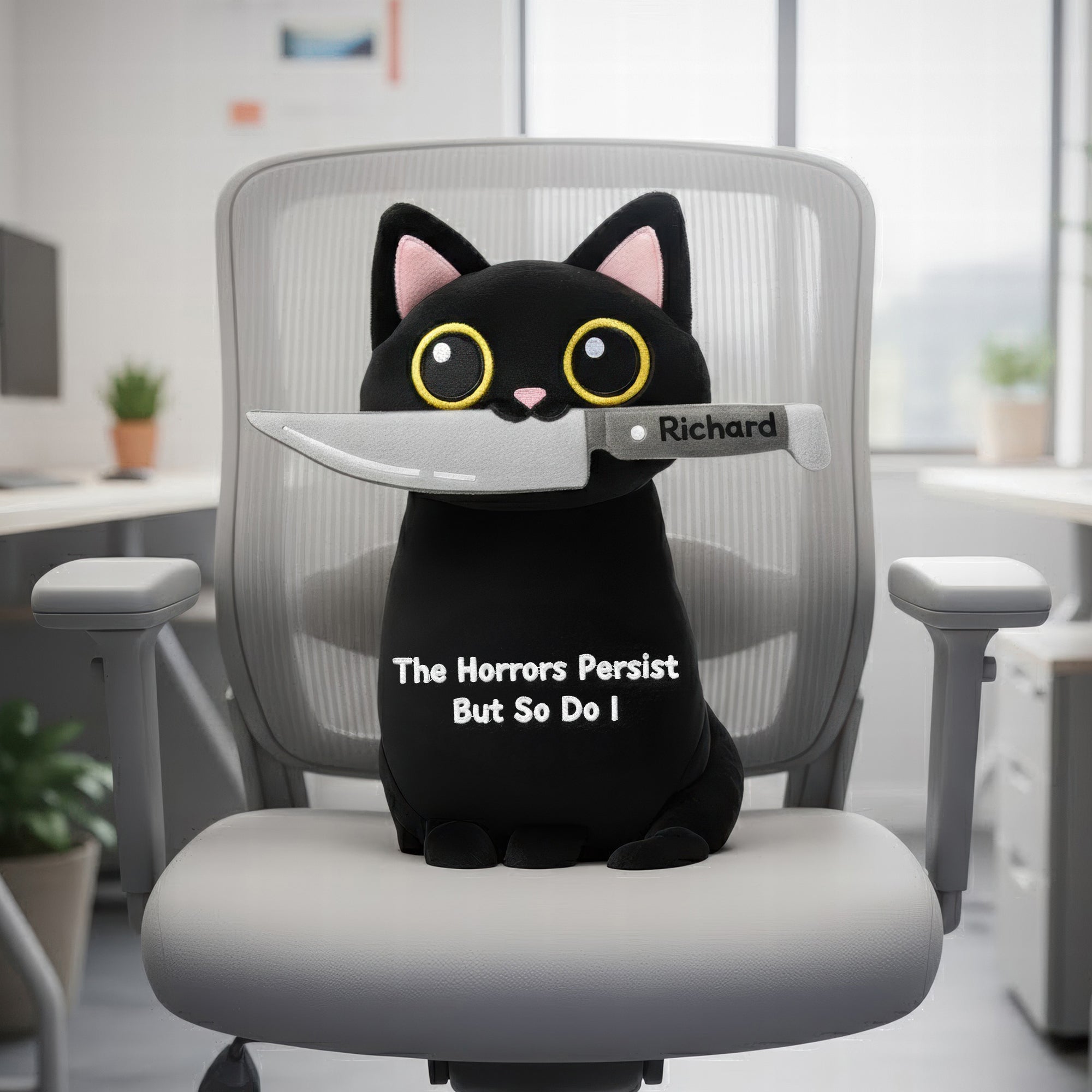 The Horrors Persist But So Do I - Black Cat Custom Shape Pillow - Personalized Gifts for Coworkers Pillow PopCulturePrints