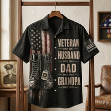 Load image into Gallery viewer, Honor Your Hero: Personalized Patriotic Veteran Dad Hawaiian Shirt - Perfect Gift for Dads and Grandpas Hawaiian Shirts PopCulturePrints
