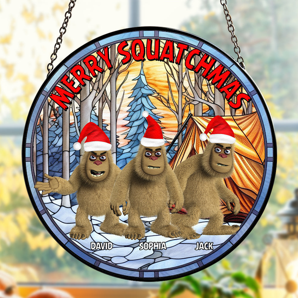 Customizable Merry Squatchmas Stained Glass Suncatcher for Bigfoot Enthusiasts