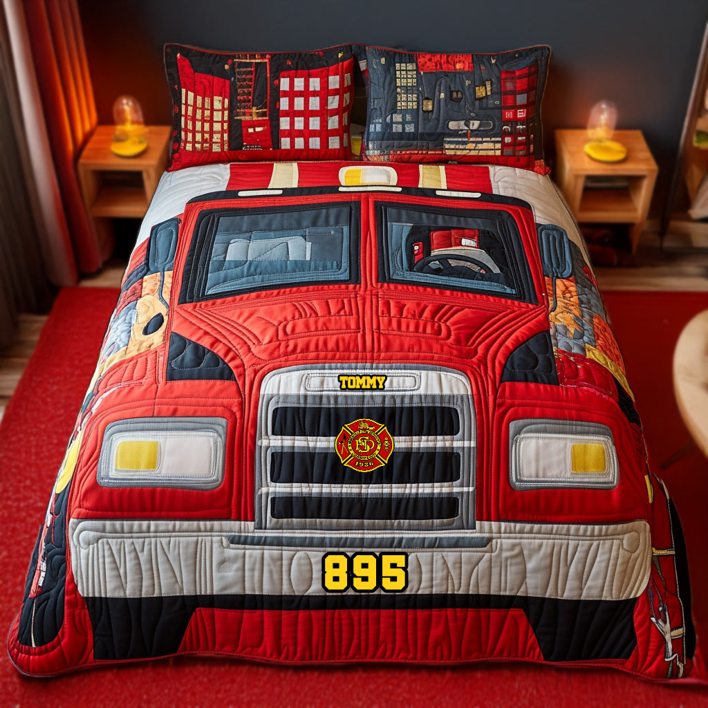 Ignite Adventure: Fire Truck Quilt Bedding Set - Personalized Gifts for Firefighters Blanket PopCulturePrints