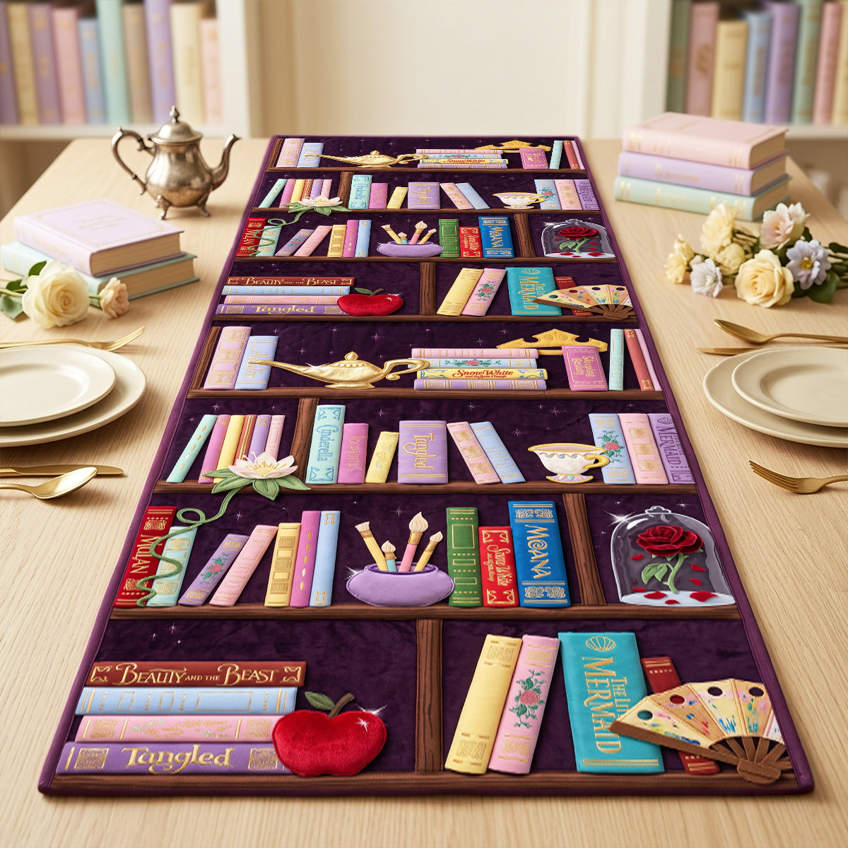 “Dive into a World of Imagination!” Magical Bookshelf Quilted Table Runner - Personalized Gift for Book Lovers