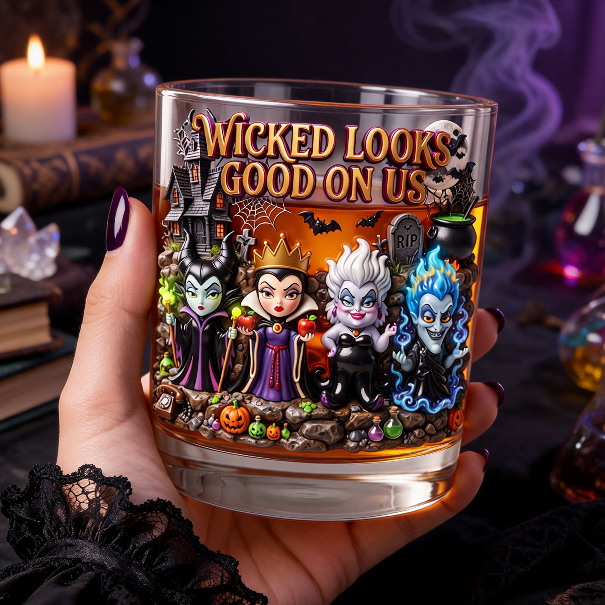 “Wicked Looks Good on Us” - Halloween Fantasy Glass Mug - Personalized Gifts for Spooky Season Lovers Glass PopCulturePrints