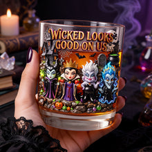 Load image into Gallery viewer, “Wicked Looks Good on Us” - Halloween Fantasy Glass Mug - Personalized Gifts for Spooky Season Lovers Glass PopCulturePrints
