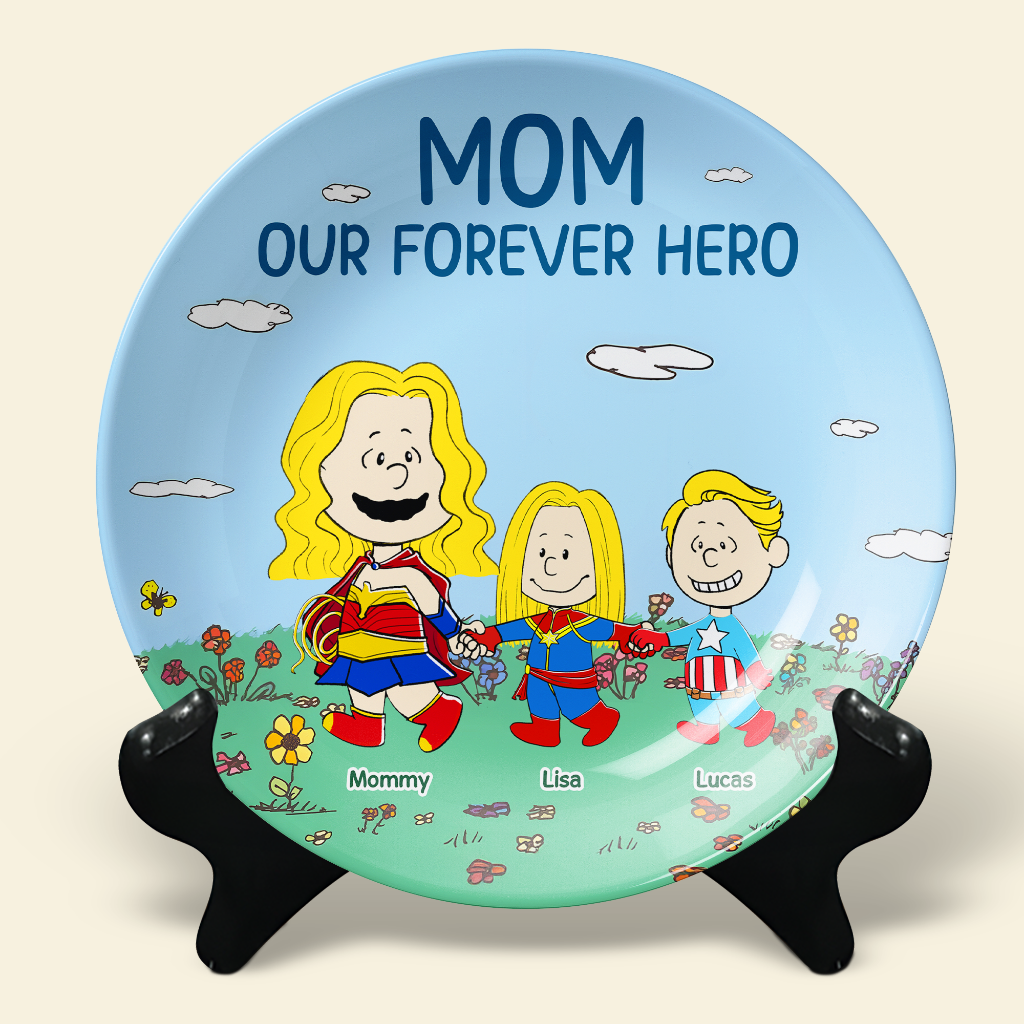 “Mom, Our Forever Hero” - Personalized Ceramic Round Plate - Unique Gift for Mom, Grandma & Loved Ones Ceramic Round Plate PopCulturePrints
