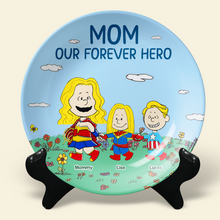 Load image into Gallery viewer, “Mom, Our Forever Hero” - Personalized Ceramic Round Plate - Unique Gift for Mom, Grandma &amp; Loved Ones Ceramic Round Plate PopCulturePrints
