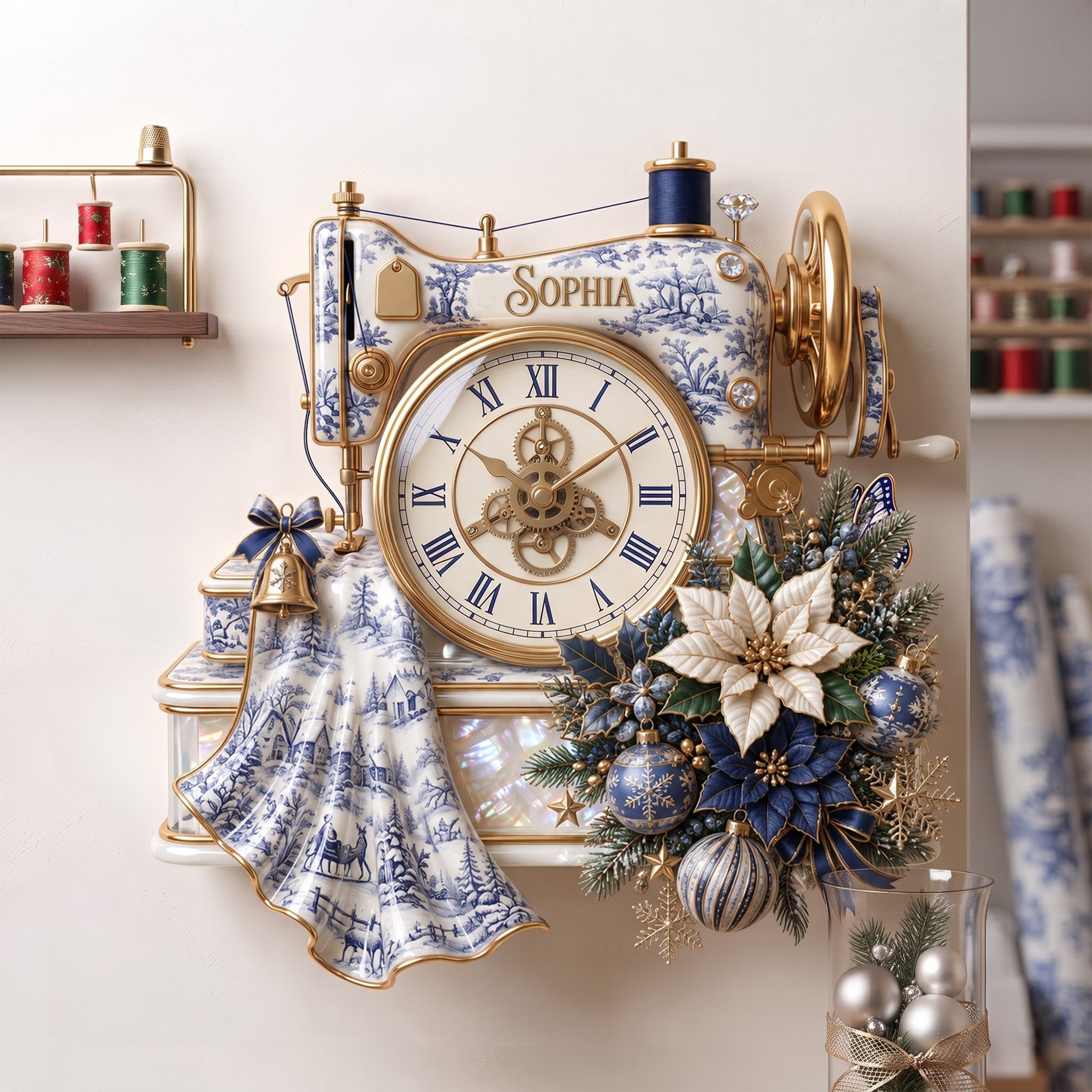 Embrace Timeless Artistry - Floral Sewing Toile De Jouy Wall Clock - Personalized Gift for Craft Lovers and Special Occasions Hanging Wall Clock PopCulturePrints