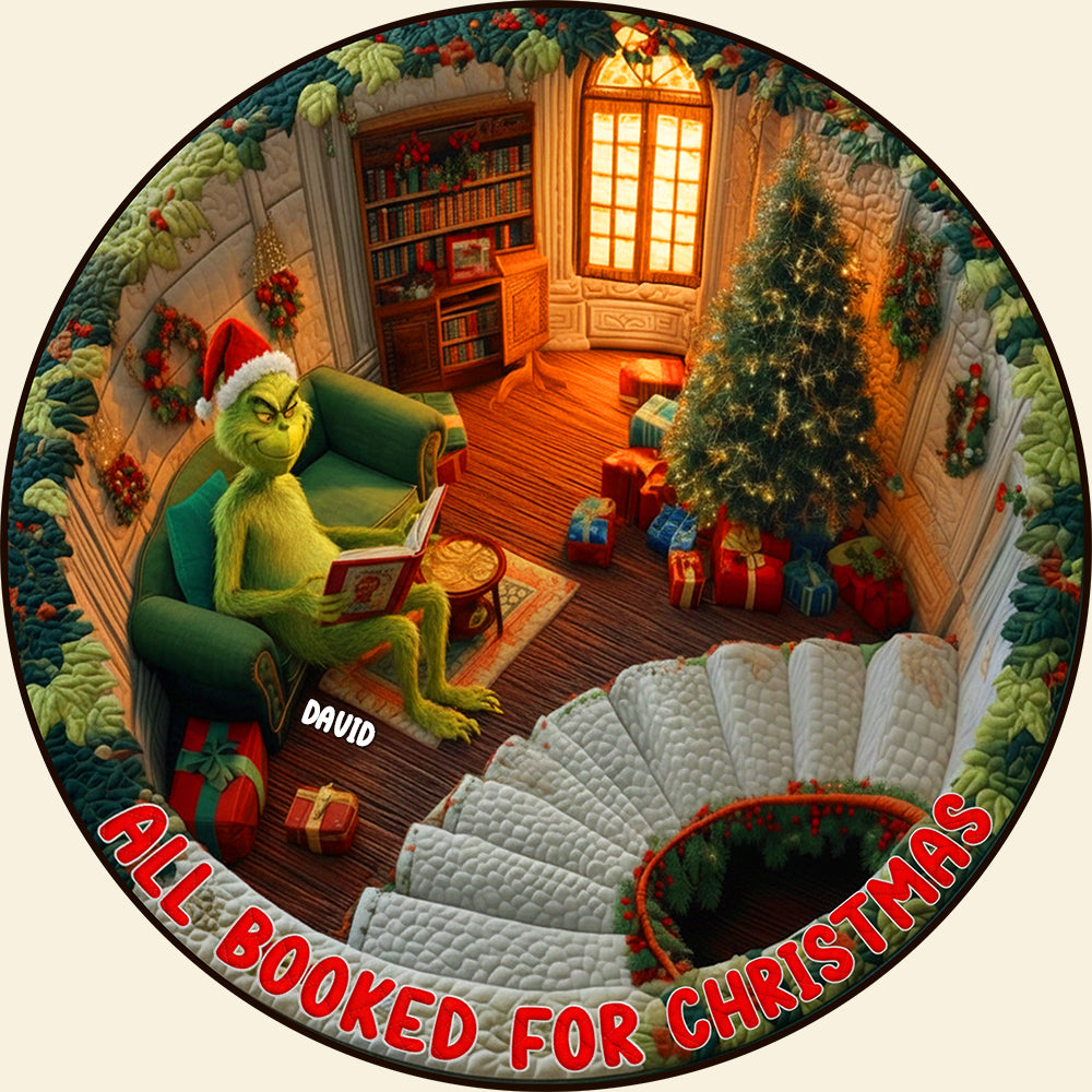 ‘All Booked for Christmas’ - Personalized Quilted Round Mat for Book Lovers Doormat PopCulturePrints