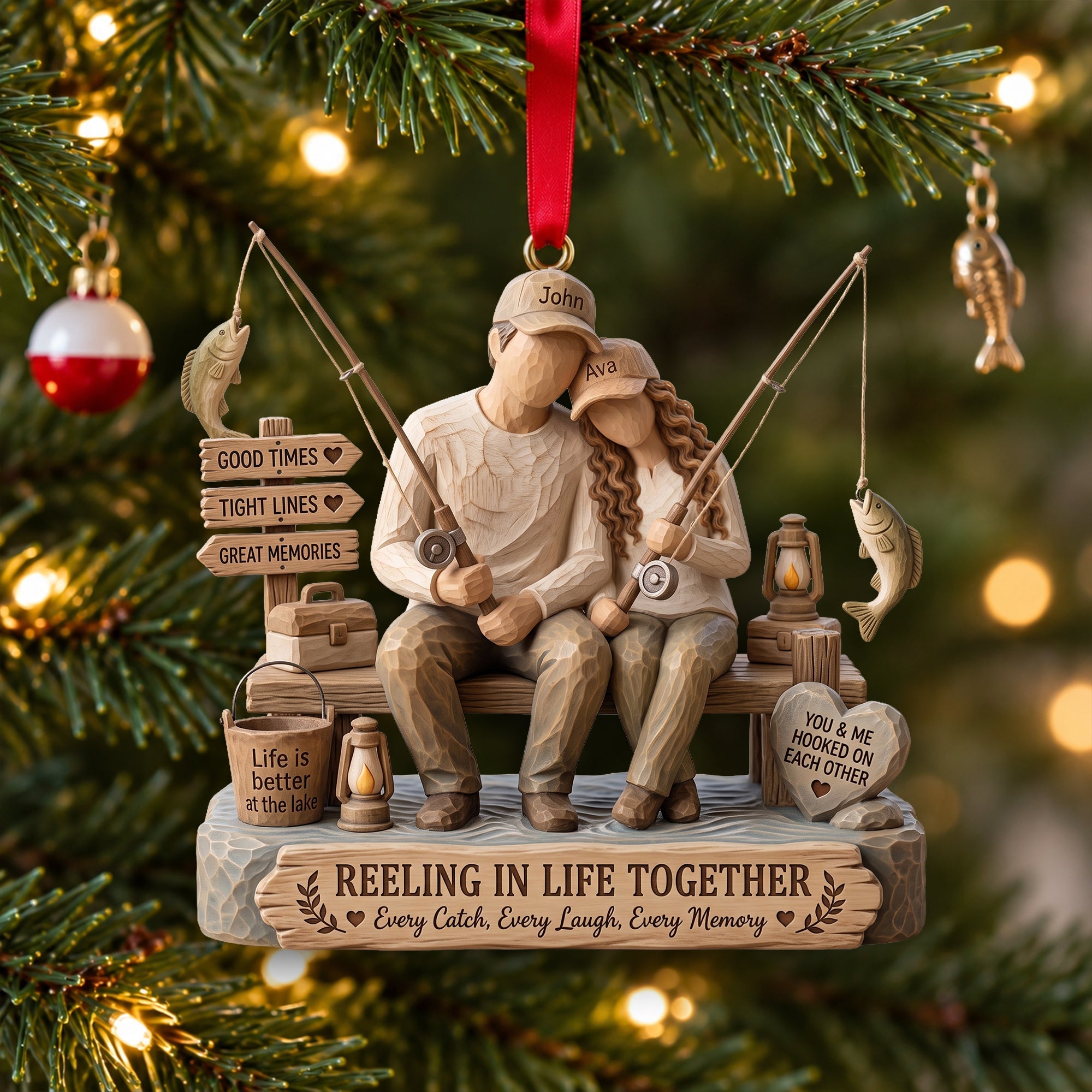 Reeling in Life Together - Personalized Fishing Couple Wood Effect Ornament
