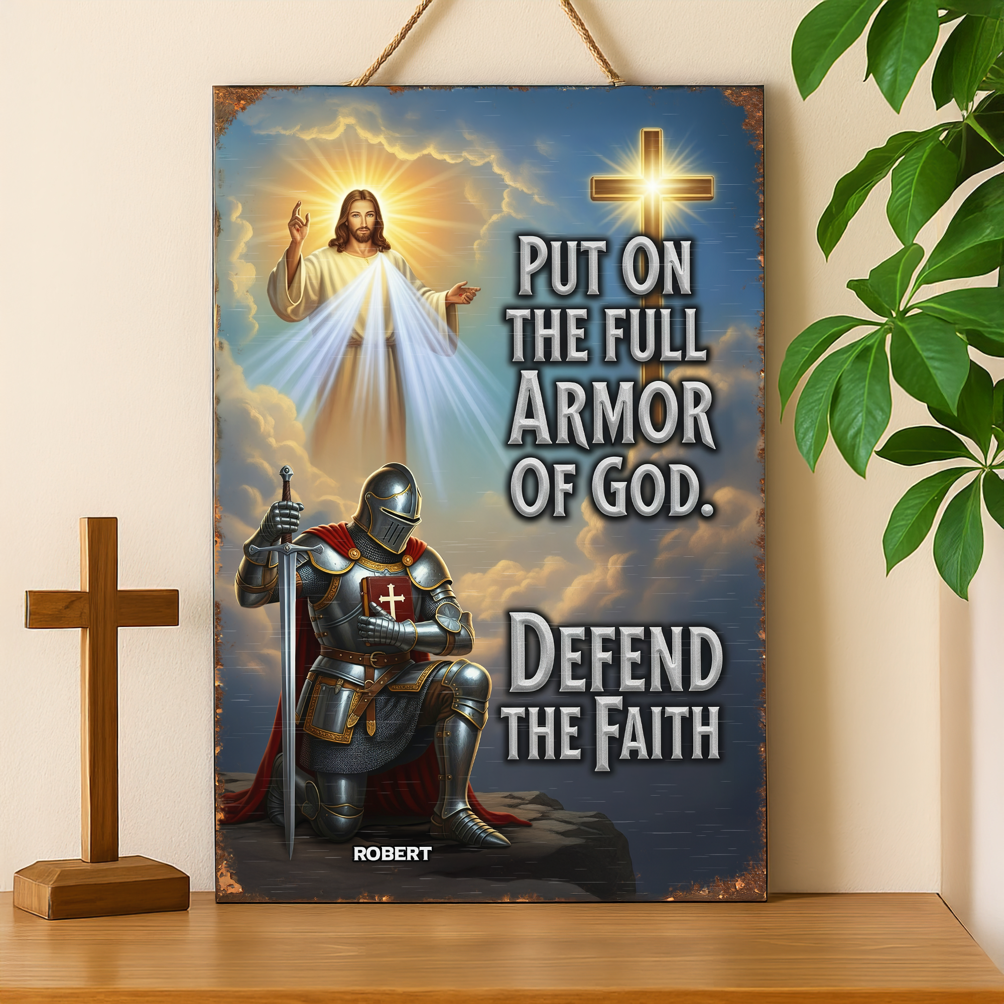 Put on the Full Armor of God - Personalized Kneeing Knight & God Print Metal Sign Metal Signs PopCulturePrints