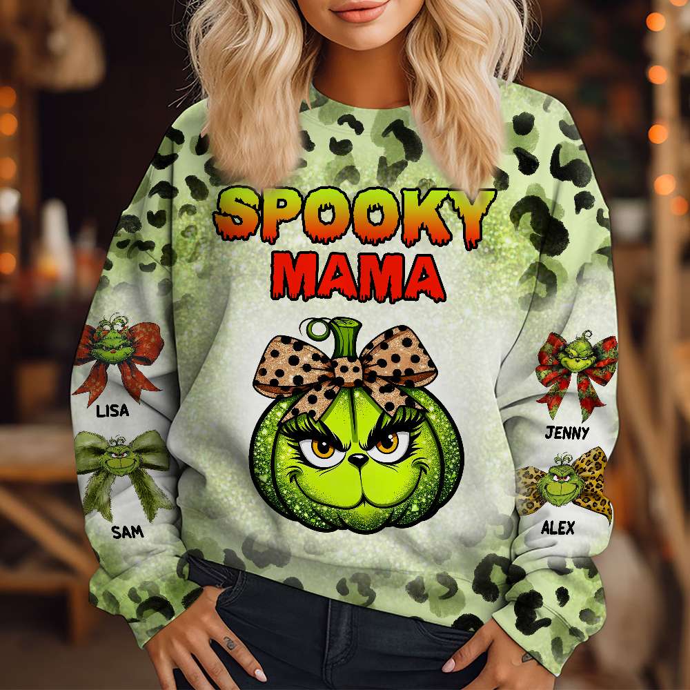 Personalized Halloween Leopard Pumpkin Sweatshirt for Mama - Spooky Green Design