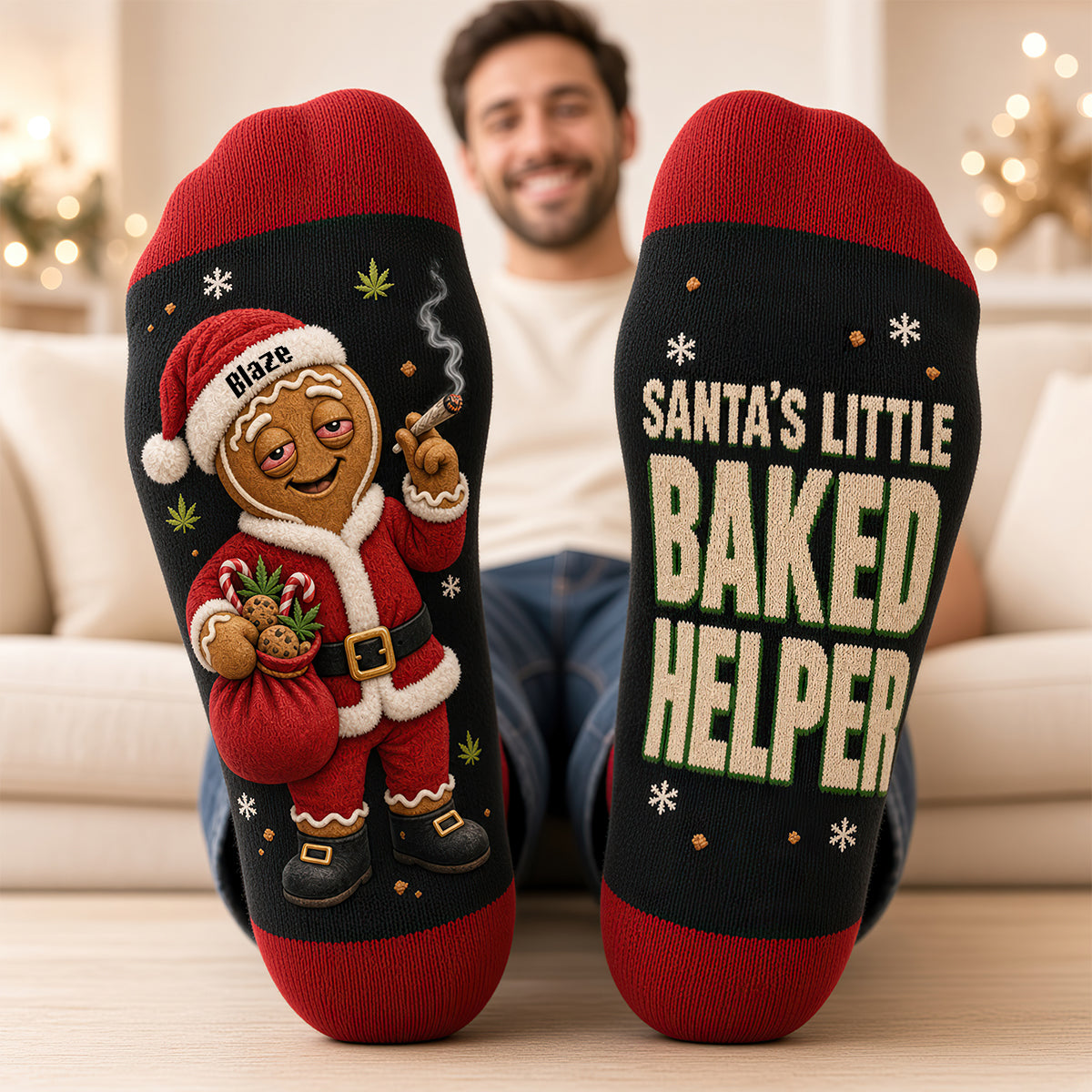 “Get Ready to Laugh: Santa’s Little Baked Helper” - Funny Stoner Santa Socks, Personalize for Holiday Cheer