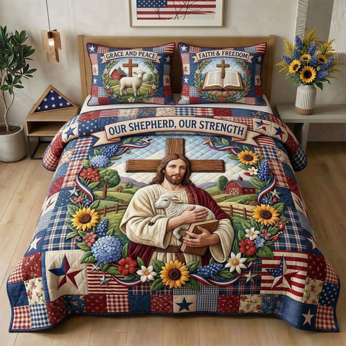 Our Shepherd, Our Strength - Personalized Jesus Quilt Bedding Set Blanket PopCulturePrints