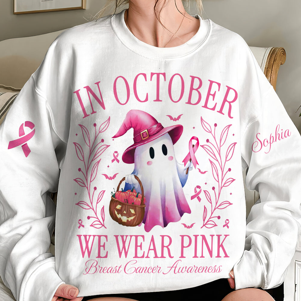 Personalized In October We Wear Pink Ghost Breast Cancer Awareness Shirt