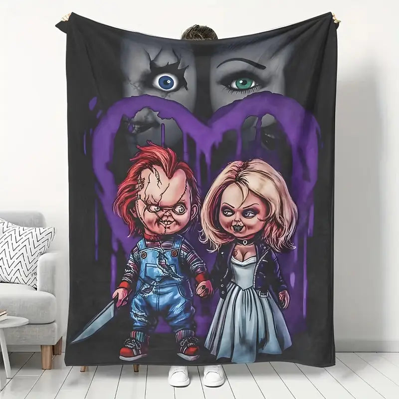 "Perfectly Creepy for the Spooky Lovers" - Creepy Doll Couple Horror Blanket - Personalized Gift for Halloween Enthusiasts, Couples, and Horror Fans Blanket PopCulturePrints