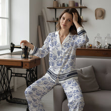 Load image into Gallery viewer, Sewing Dreams: Personalized Sewing Toile de Jouy Button Up Pajama Set - Gift for Sewing Lovers Pajama Set PopCulturePrints
