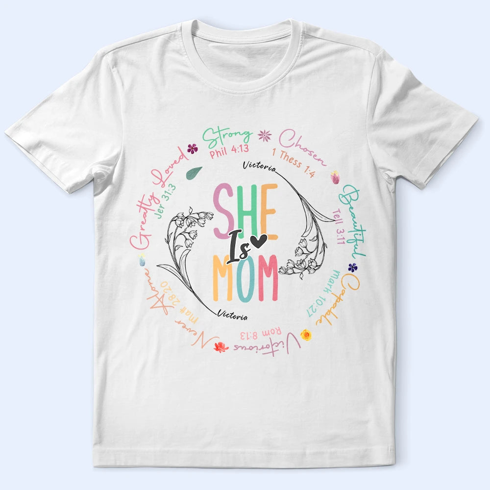She Is Mom Strong, Chosen, Beautiful, Capable, Victorious - Personalized T-Shirt for Mom, Grandma, and Special Women T-shirt PopCulturePrints