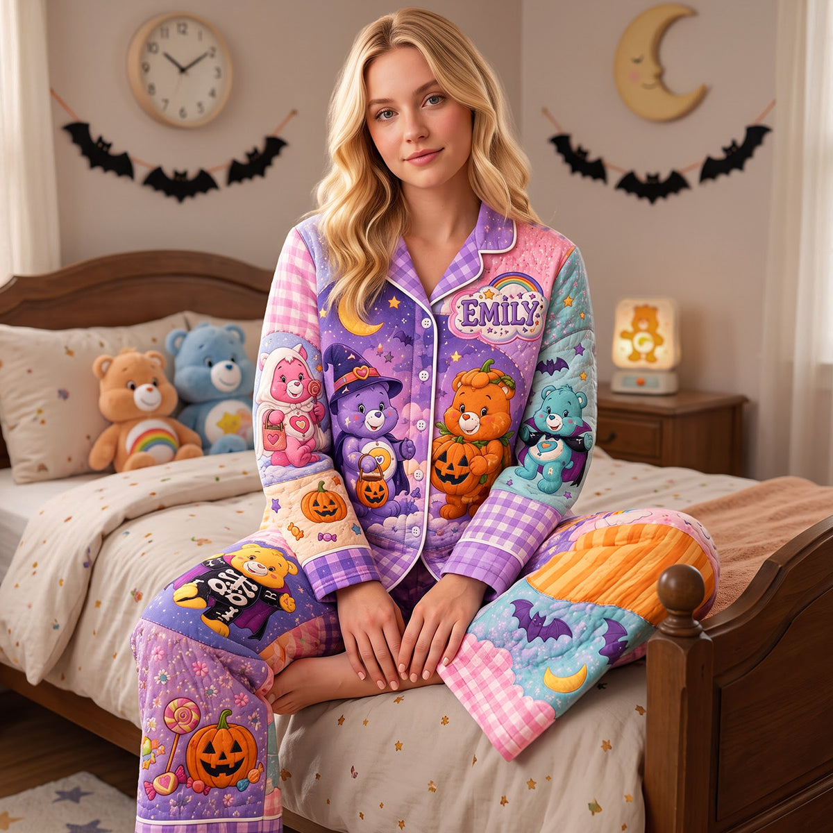 “Spook-tacular Comfort Awaits!” - Cute Spooky Pumpkin Button Up Pajama Set - Personalized Halloween Gifts Sleepwear Pajama Set PopCulturePrints